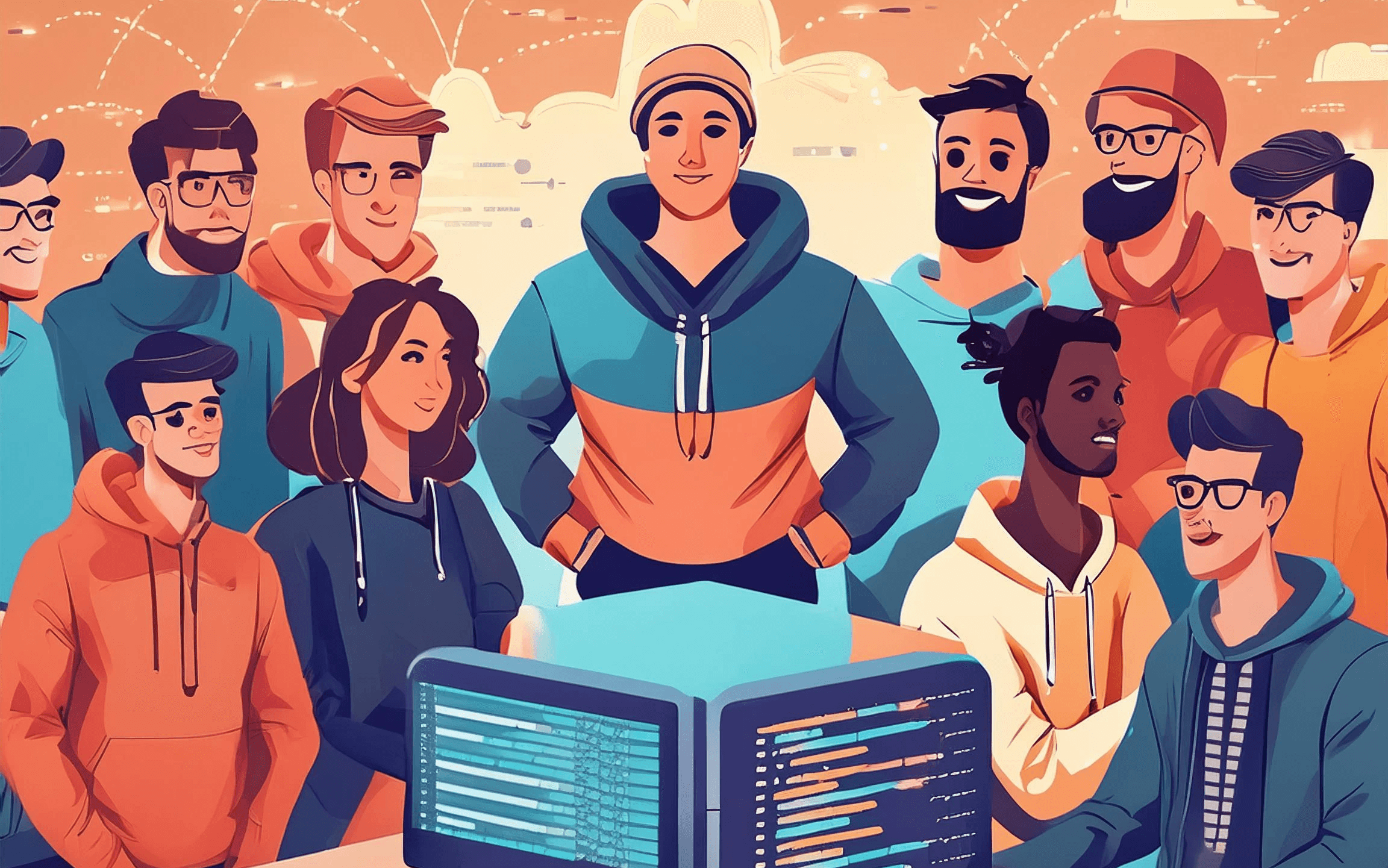 A group of developers collaborating on tech projects.
