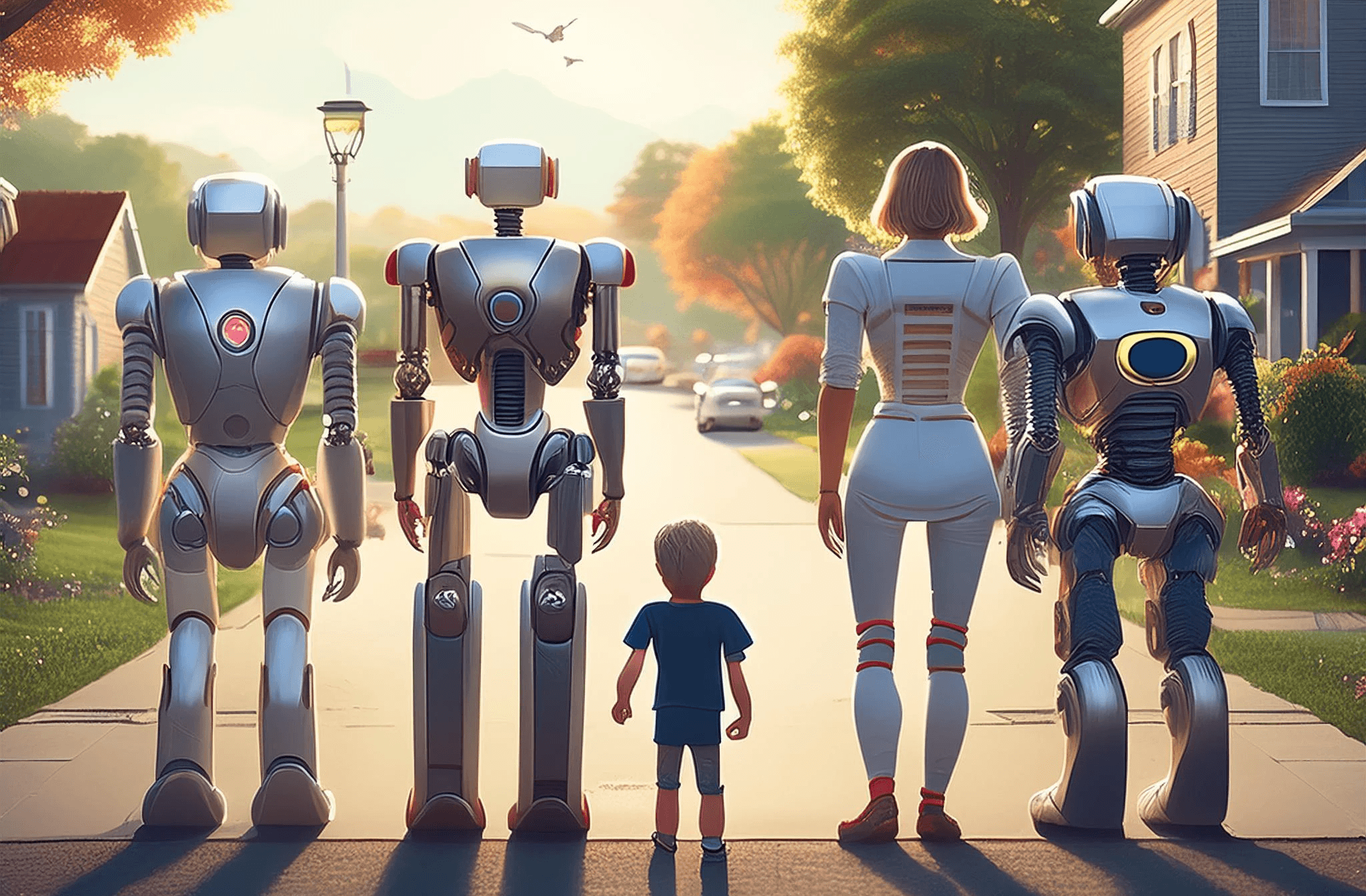 A family of robots and humans interacting together.