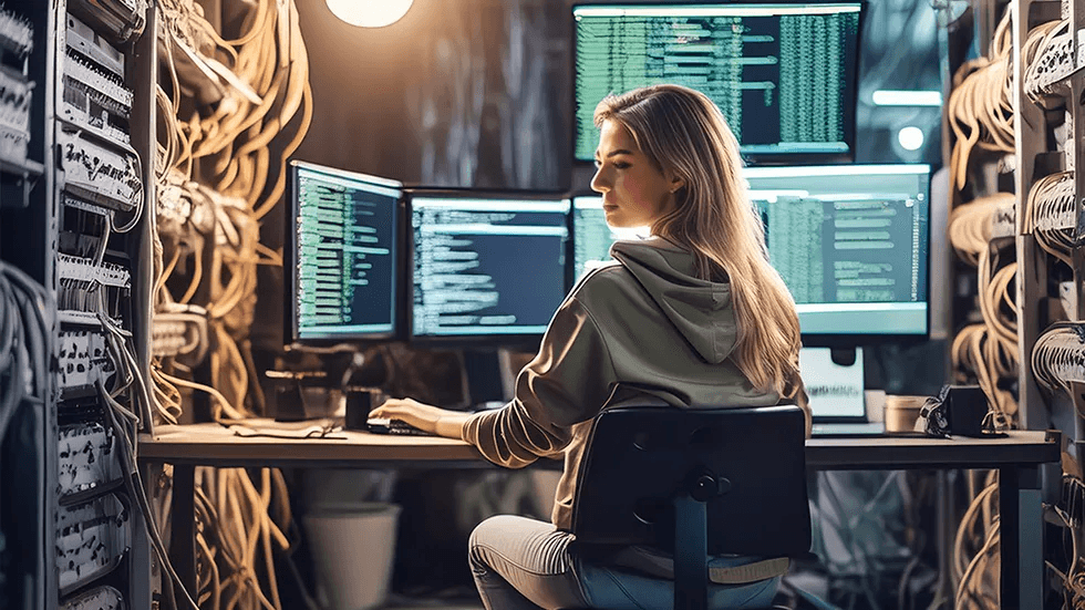 Woman working on a computer, a software engineer focused on writing clean and efficient code.