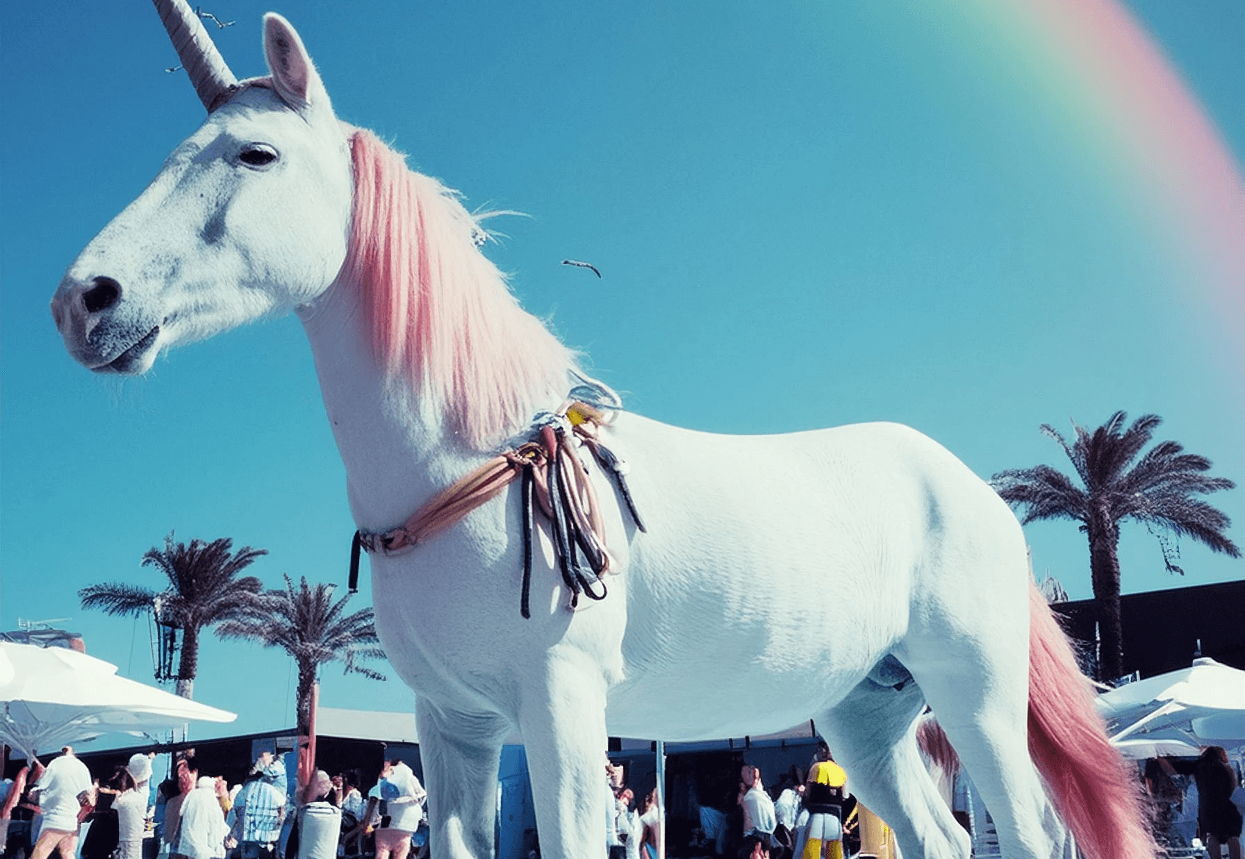 A colorful unicorn with a flowing mane, standing gracefully in a magical, dreamy landscape.